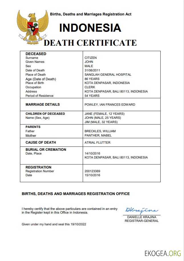 Modèle Word et PDF de certificat de décès d'état civil indonésien